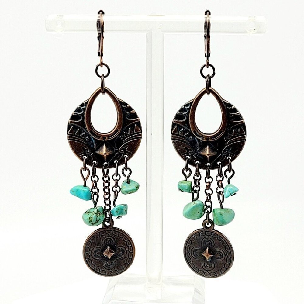 Artisan Handmade Bohemian Chandelier Earrings Antique Copper Turquoise Chips